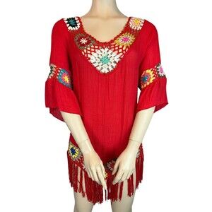 Dasayo V-Neck Red Crochet Trim Swim Cover-up  Womens Size M  Boho